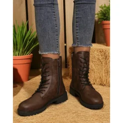 Women's Brown Faux Leather Combat Boots with Side Zipper – Lace-Up Ankle Boots for Fall Outdoor Work, Farm Chores & Everyday Casual Wear