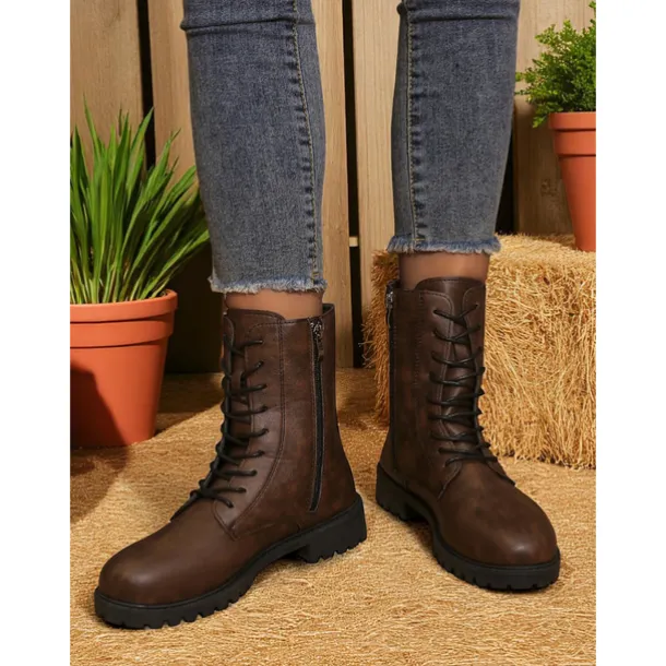 Women's Brown Faux Leather Combat Boots with Side Zipper – Lace-Up Ankle Boots for Fall Outdoor Work, Farm Chores & Everyday Casual Wear