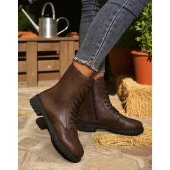 Women's Brown Faux Leather Combat Boots with Side Zipper – Lace-Up Ankle Boots for Fall Outdoor Work, Farm Chores & Everyday Casual Wear