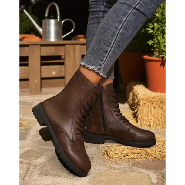 Women's Brown Faux Leather Combat Boots with Side Zipper – Lace-Up Ankle Boots for Fall Outdoor Work, Farm Chores & Everyday Casual Wear