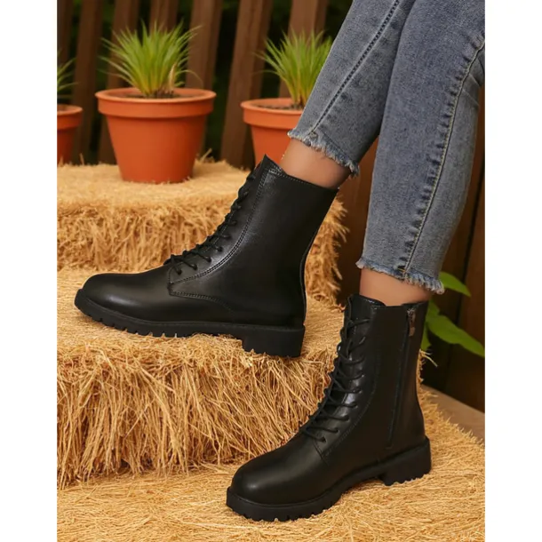 Women's Brown Faux Leather Combat Boots with Side Zipper – Lace-Up Ankle Boots for Fall Outdoor Work, Farm Chores & Everyday Casual Wear