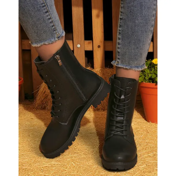 Women's Brown Faux Leather Combat Boots with Side Zipper – Lace-Up Ankle Boots for Fall Outdoor Work, Farm Chores & Everyday Casual Wear