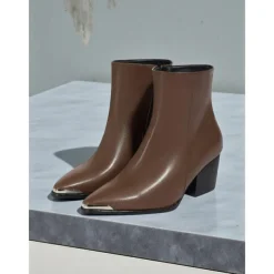 Women's Brown Faux Leather Pointed Toe Ankle Boots – Western Style Mid-Heel Booties with Metal Toe Cap and Side Zipper, Casual Fall Footwear for Urban Streetwear and Office Outfits