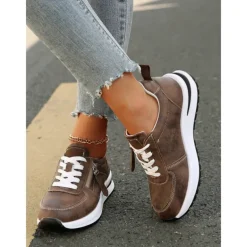 Women's Brown Faux Leather Casual Sneakers with Side Zipper – Comfortable Lace-Up Shoes for Everyday and Outdoor Wear