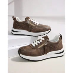 Women's Brown Faux Leather Casual Sneakers with Side Zipper – Comfortable Lace-Up Shoes for Everyday and Outdoor Wear