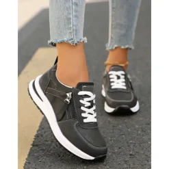 Women's Brown Faux Leather Casual Sneakers with Side Zipper – Comfortable Lace-Up Shoes for Everyday and Outdoor Wear