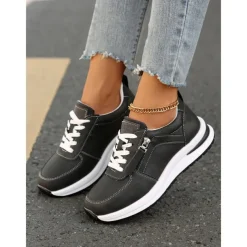 Women's Brown Faux Leather Casual Sneakers with Side Zipper – Comfortable Lace-Up Shoes for Everyday and Outdoor Wear