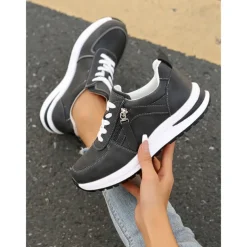 Women's Brown Faux Leather Casual Sneakers with Side Zipper – Comfortable Lace-Up Shoes for Everyday and Outdoor Wear