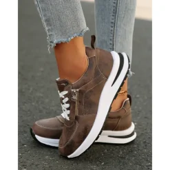 Women's Brown Faux Leather Casual Sneakers with Side Zipper – Comfortable Lace-Up Shoes for Everyday and Outdoor Wear
