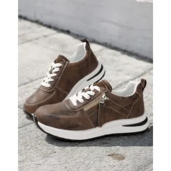Women's Brown Faux Leather Casual Sneakers with Side Zipper – Comfortable Lace-Up Shoes for Everyday and Outdoor Wear