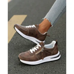 Women's Brown Faux Leather Casual Sneakers with Side Zipper – Comfortable Lace-Up Shoes for Everyday and Outdoor Wear