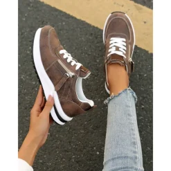 Women's Brown Faux Leather Casual Sneakers with Side Zipper – Comfortable Lace-Up Shoes for Everyday and Outdoor Wear