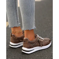 Women's Brown Faux Leather Casual Sneakers with Side Zipper – Comfortable Lace-Up Shoes for Everyday and Outdoor Wear