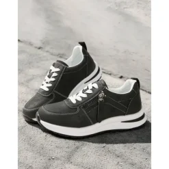 Women's Brown Faux Leather Casual Sneakers with Side Zipper – Comfortable Lace-Up Shoes for Everyday and Outdoor Wear