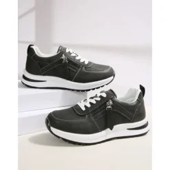 Women's Brown Faux Leather Casual Sneakers with Side Zipper – Comfortable Lace-Up Shoes for Everyday and Outdoor Wear