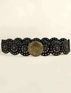 Women's Brown Faux Leather Belt with Perforated Circles and Intricate Metal Buckle - Bohemian Chic Fashion Accessory