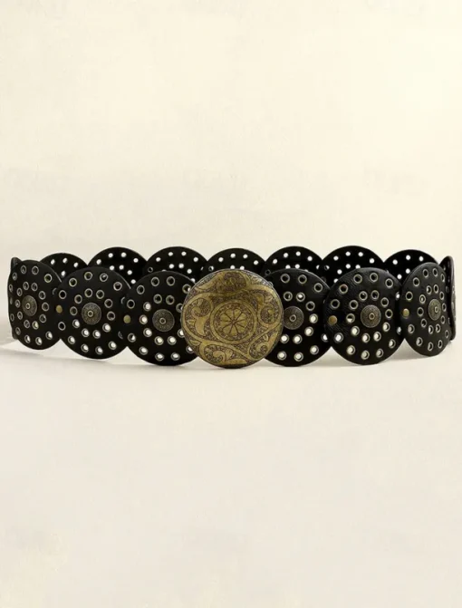 Women's Brown Faux Leather Belt with Perforated Circles and Intricate Metal Buckle - Bohemian Chic Fashion Accessory