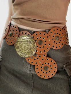Women's Brown Faux Leather Belt with Perforated Circles and Intricate Metal Buckle - Bohemian Chic Fashion Accessory