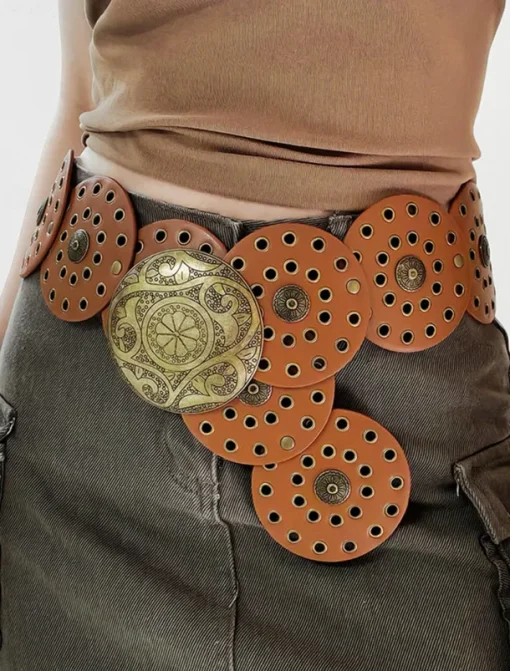 Women's Brown Faux Leather Belt with Perforated Circles and Intricate Metal Buckle - Bohemian Chic Fashion Accessory