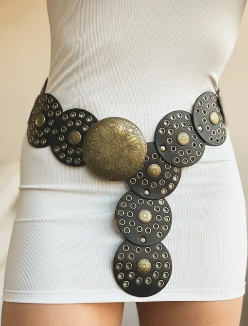 Women's Brown Faux Leather Belt with Perforated Circles and Intricate Metal Buckle - Bohemian Chic Fashion Accessory
