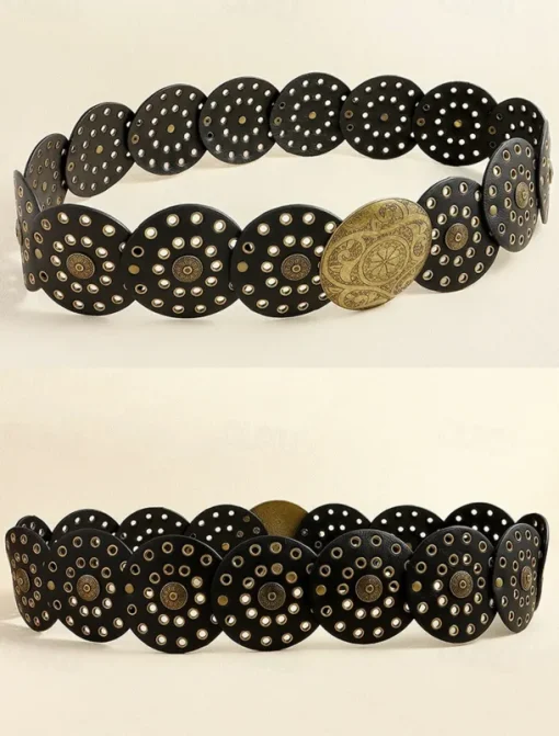 Women's Brown Faux Leather Belt with Perforated Circles and Intricate Metal Buckle - Bohemian Chic Fashion Accessory