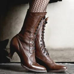 Women's Brown Faux Leather Victorian Lace-Up Boots with Low Heel - Classic and Elegant for Cosplay, Costume Parties, and Vintage-Inspired Outfits