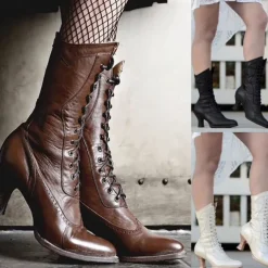 Women's Brown Faux Leather Victorian Lace-Up Boots with Low Heel - Classic and Elegant for Cosplay, Costume Parties, and Vintage-Inspired Outfits