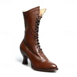 Women's Brown Faux Leather Victorian Lace-Up Boots with Low Heel - Classic and Elegant for Cosplay, Costume Parties, and Vintage-Inspired Outfits
