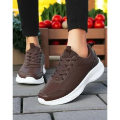 Women's Brown Faux Leather Sneakers – Comfortable Everyday Walking Shoes for Commuting, Shopping & Light Sports