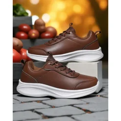 Women's Brown Faux Leather Sneakers – Comfortable Everyday Walking Shoes for Commuting, Shopping & Light Sports