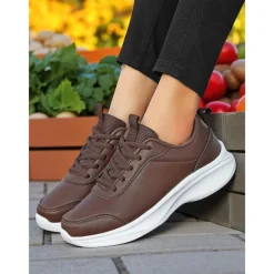 Women's Brown Faux Leather Sneakers – Comfortable Everyday Walking Shoes for Commuting, Shopping & Light Sports