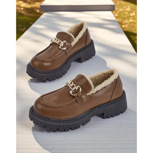 Women's Brown Faux Leather Loafers with Gold Chain and Fleece Lining – Warm Slip-On Commuter Shoes for Fall and Winter Office Wear, Travel and Daily Walks