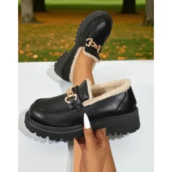 Women's Brown Faux Leather Loafers with Gold Chain and Fleece Lining – Warm Slip-On Commuter Shoes for Fall and Winter Office Wear, Travel and Daily Walks