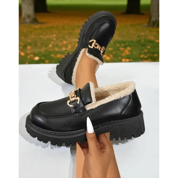 Women's Brown Faux Leather Loafers with Gold Chain and Fleece Lining – Warm Slip-On Commuter Shoes for Fall and Winter Office Wear, Travel and Daily Walks
