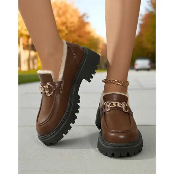 Women's Brown Faux Leather Loafers with Gold Chain and Fleece Lining – Warm Slip-On Commuter Shoes for Fall and Winter Office Wear, Travel and Daily Walks