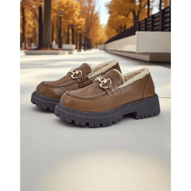 Women's Brown Faux Leather Loafers with Gold Chain and Fleece Lining – Warm Slip-On Commuter Shoes for Fall and Winter Office Wear, Travel and Daily Walks