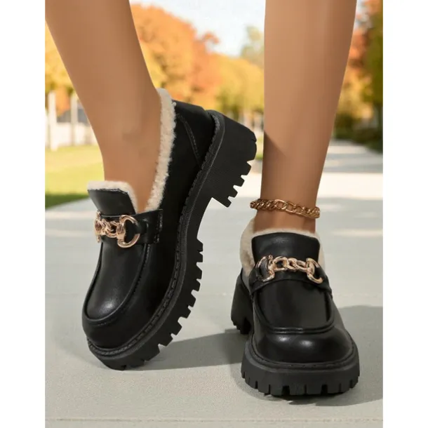 Women's Brown Faux Leather Loafers with Gold Chain and Fleece Lining – Warm Slip-On Commuter Shoes for Fall and Winter Office Wear, Travel and Daily Walks