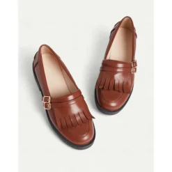 Women's Brown Faux Leather Loafers with Fringe Detailing and Low Heel for Casual Wear and Office Style