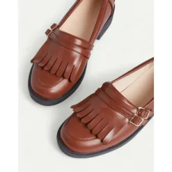 Women's Brown Faux Leather Loafers with Fringe Detailing and Low Heel for Casual Wear and Office Style