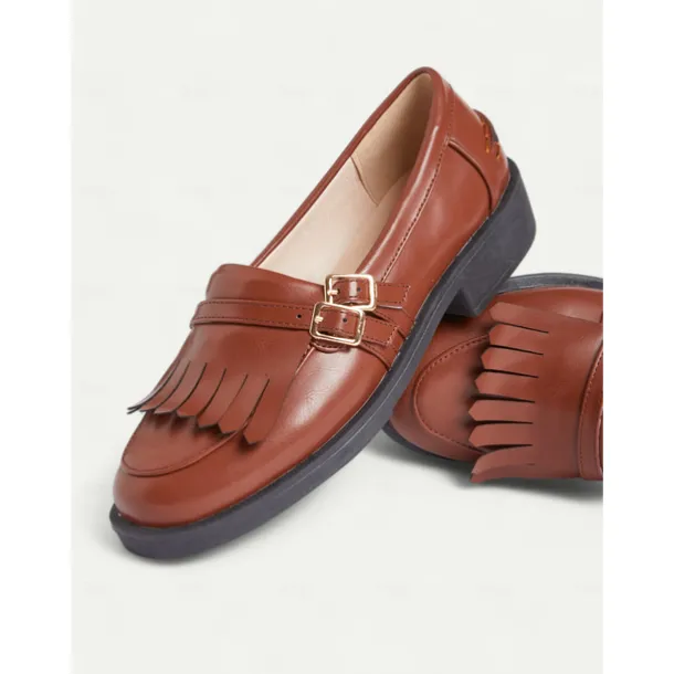Women's Brown Faux Leather Loafers with Fringe Detailing and Low Heel for Casual Wear and Office Style