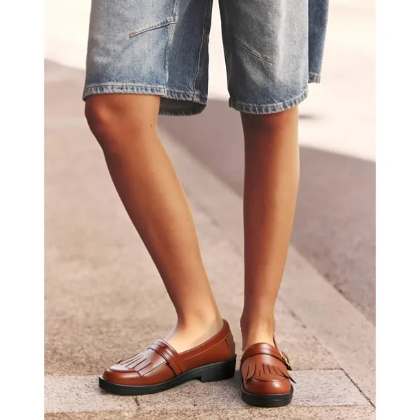 Women's Brown Faux Leather Loafers with Fringe Detailing and Low Heel for Casual Wear and Office Style