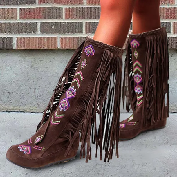 Women's Brown Fringe Knee-High Boots – Tribal Embroidered Bohemian Western Style, Perfect for Music Festivals, Rodeo Events, and Casual Outdoor Wear