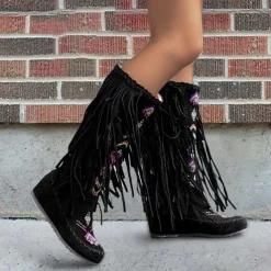 Women's Brown Fringe Knee-High Boots – Tribal Embroidered Bohemian Western Style, Perfect for Music Festivals, Rodeo Events, and Casual Outdoor Wear