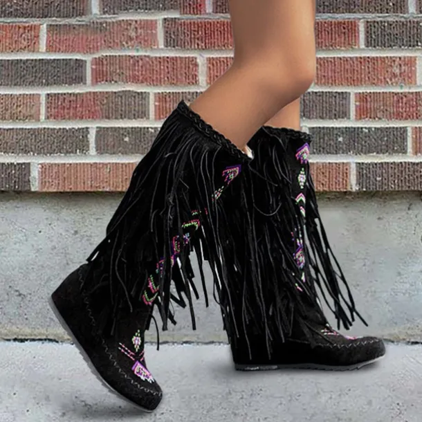 Women's Brown Fringe Knee-High Boots – Tribal Embroidered Bohemian Western Style, Perfect for Music Festivals, Rodeo Events, and Casual Outdoor Wear