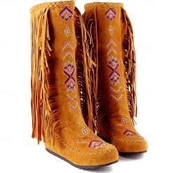 Women's Brown Fringe Knee-High Boots – Tribal Embroidered Bohemian Western Style, Perfect for Music Festivals, Rodeo Events, and Casual Outdoor Wear
