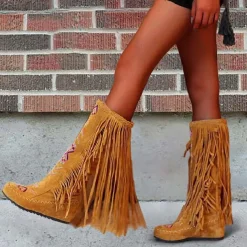 Women's Brown Fringe Knee-High Boots – Tribal Embroidered Bohemian Western Style, Perfect for Music Festivals, Rodeo Events, and Casual Outdoor Wear