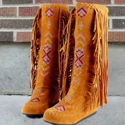 Women's Brown Fringe Knee-High Boots – Tribal Embroidered Bohemian Western Style, Perfect for Music Festivals, Rodeo Events, and Casual Outdoor Wear
