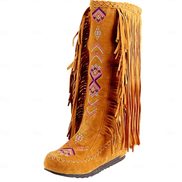 Women's Brown Fringe Knee-High Boots – Tribal Embroidered Bohemian Western Style, Perfect for Music Festivals, Rodeo Events, and Casual Outdoor Wear