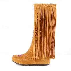 Women's Brown Fringe Knee-High Boots – Tribal Embroidered Bohemian Western Style, Perfect for Music Festivals, Rodeo Events, and Casual Outdoor Wear