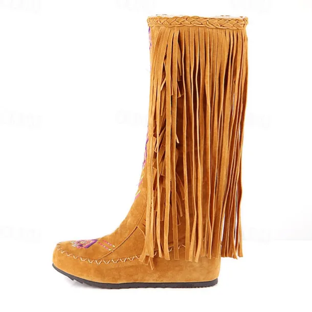 Women's Brown Fringe Knee-High Boots – Tribal Embroidered Bohemian Western Style, Perfect for Music Festivals, Rodeo Events, and Casual Outdoor Wear